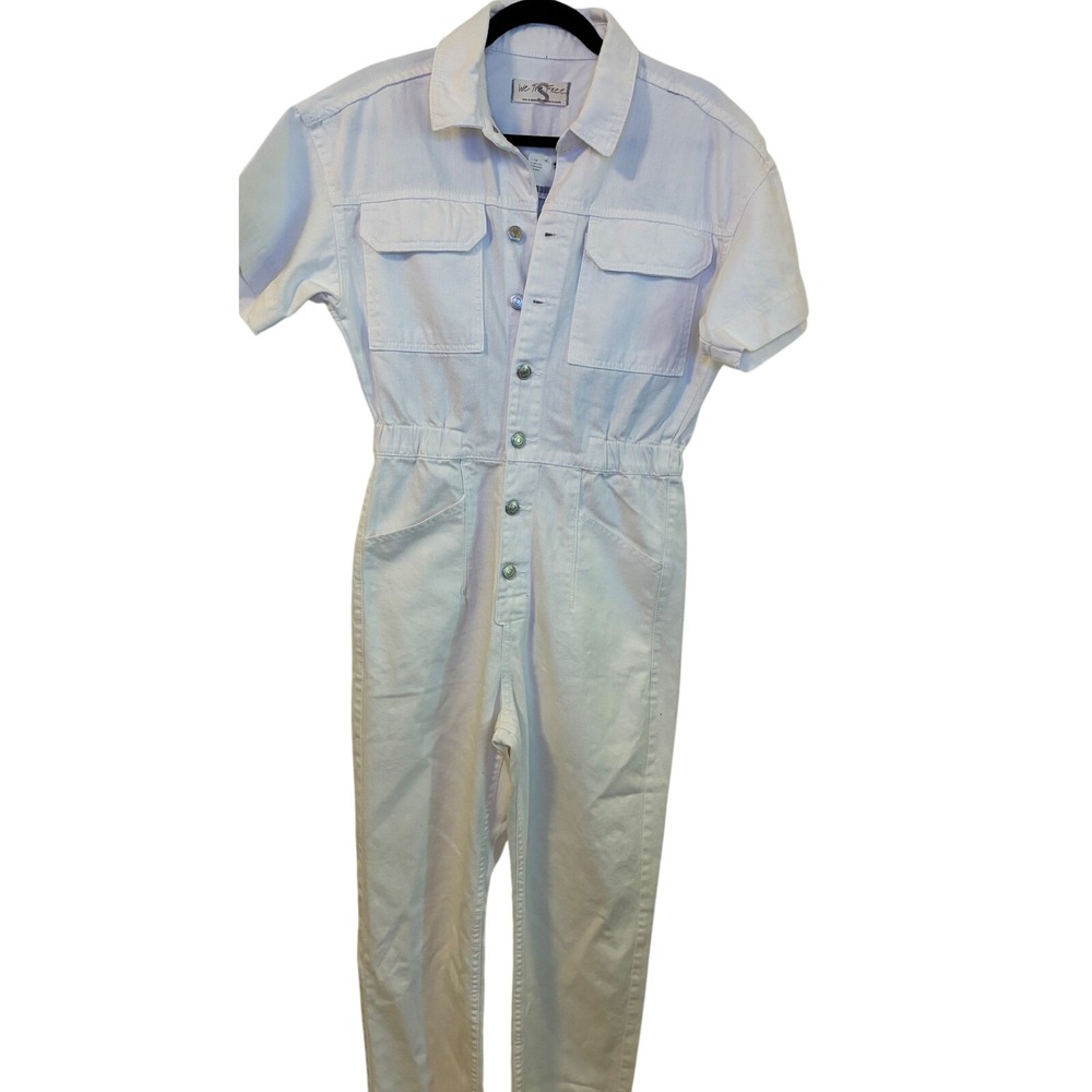 We The Free People Womens Denim Jumpsuit Optic Ivory Short Sleeve NWT Small